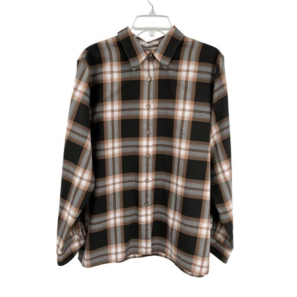 Foxcroft Blouse Women’s 16 Black Brown Cream Plaid Wrinkle Free Used Career - Picture 1 of 11